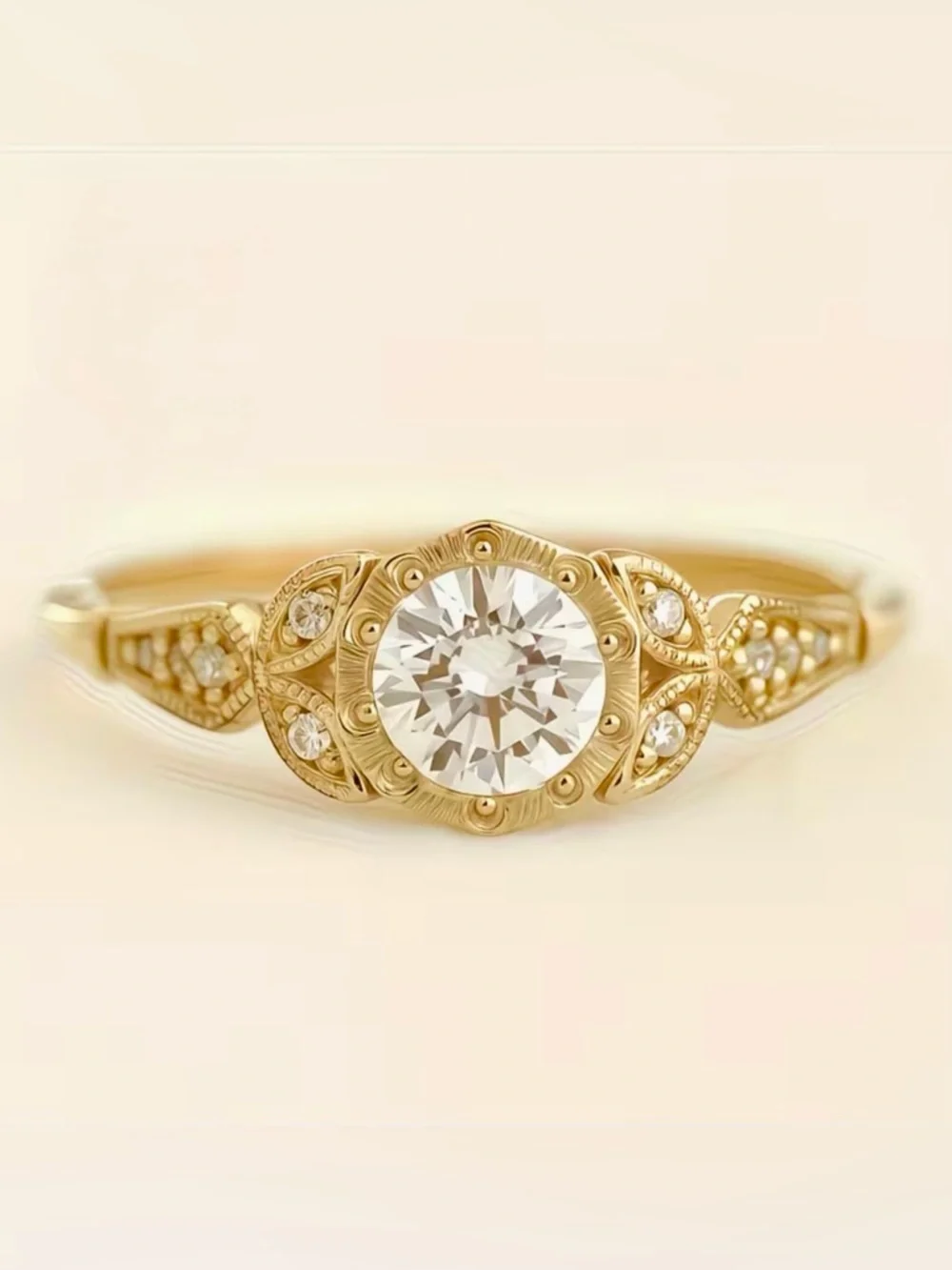 BNIB - Gold Vintage-Inspired Round Solitaire Ring with Accent Stones